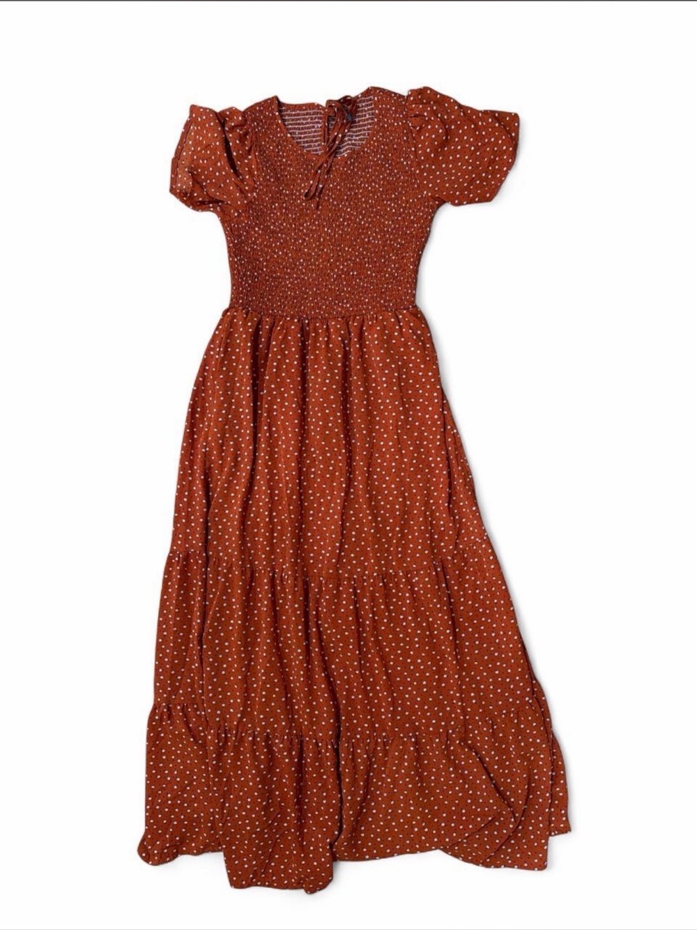 Medium  Rust Polka Dot Smocked Maxi Dress